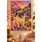 Pug Cherry Blossom Lantern Garden Diamond Painting Kit — finished diamond painting in a home setting