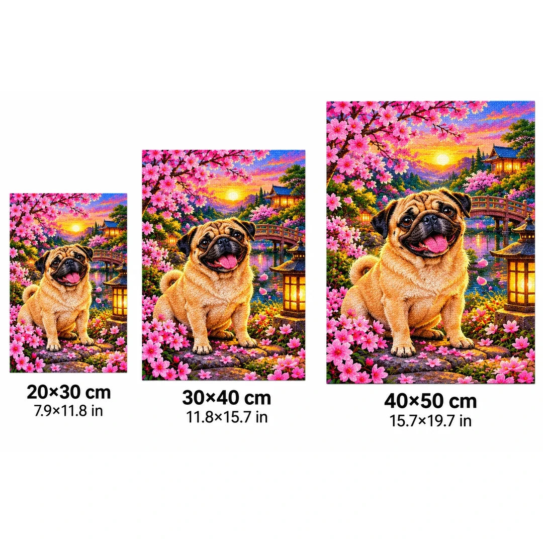 Pug Cherry Blossom Lantern Garden Diamond Painting Kit — 20 by 30, 30 by 40, and 40 by 50 centimeter size guide