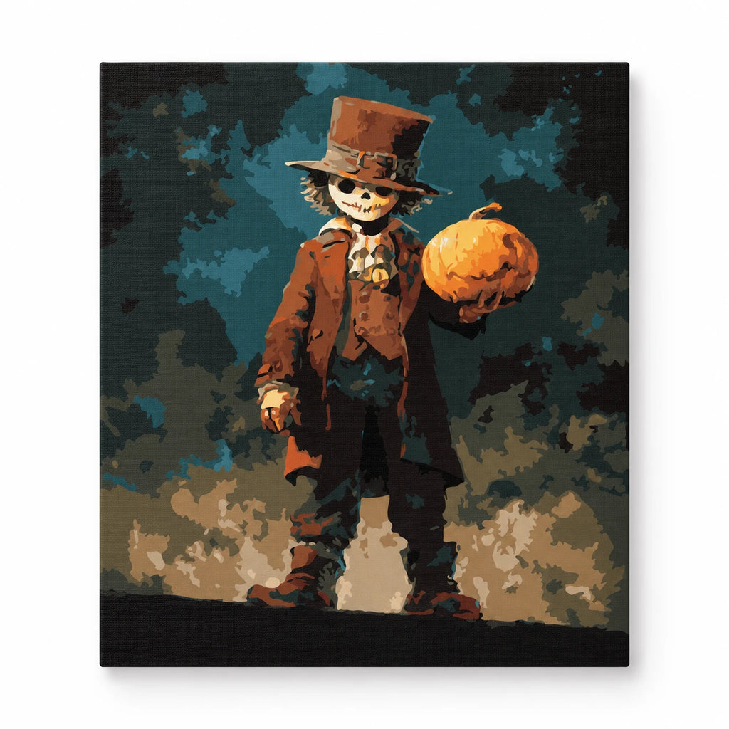 Pumpkin Gentleman Halloween paint by numbers artwork on a front-facing canvas against a white background
