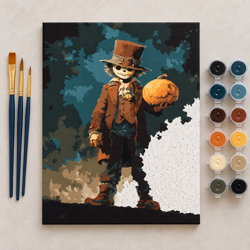 Complete Pumpkin Gentleman Halloween numbered canvas being painted with acrylic paints and brushes