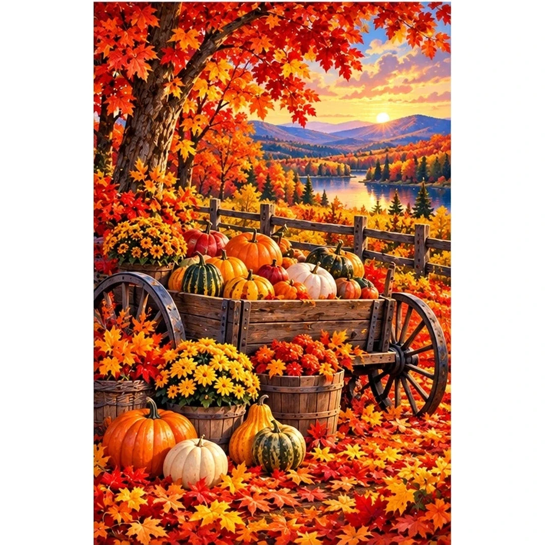 Pumpkin Wagon Maple Forest — original artwork on a clean white background