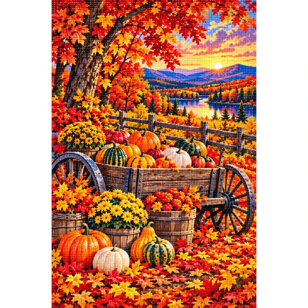 Pumpkin Wagon Maple Forest — finished diamond painting on a white background