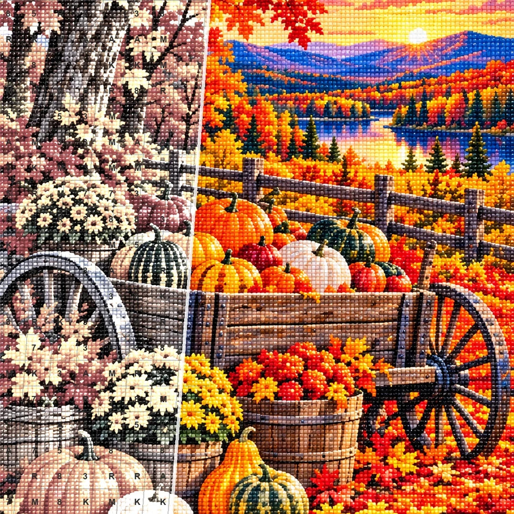 Pumpkin Wagon Maple Forest — close-up canvas and resin drill detail