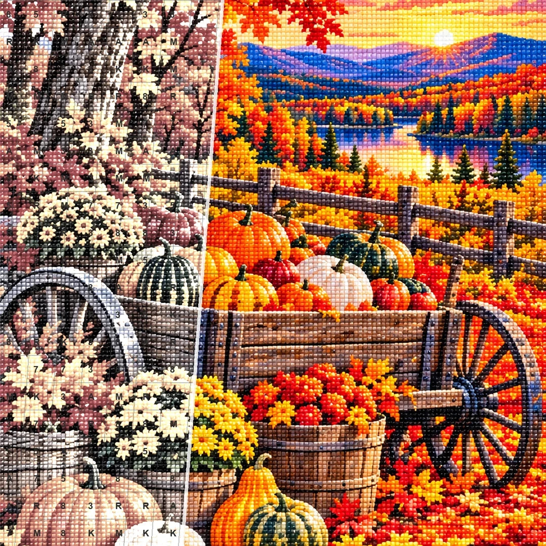 Pumpkin Wagon Maple Forest — close-up canvas and resin drill detail