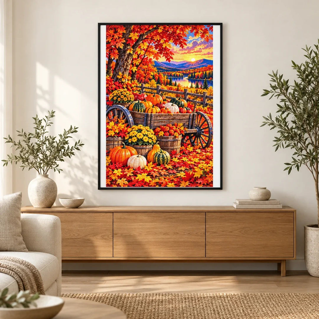 Pumpkin Wagon Maple Forest — finished diamond painting displayed in a home interior