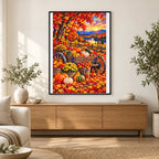 Pumpkin Wagon Maple Forest — finished diamond painting displayed in a home interior