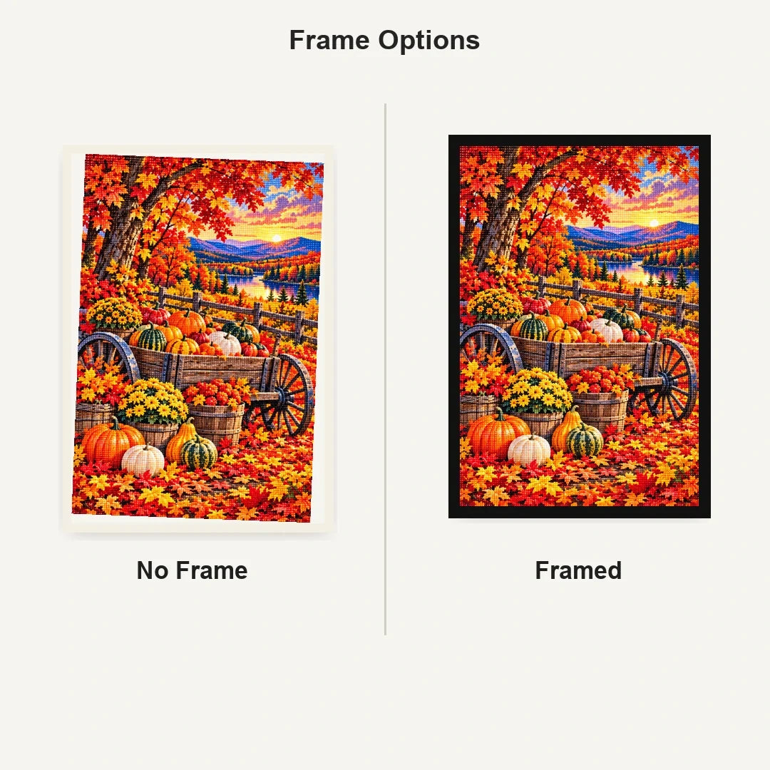 Pumpkin Wagon Maple Forest — No Frame and Framed style comparison