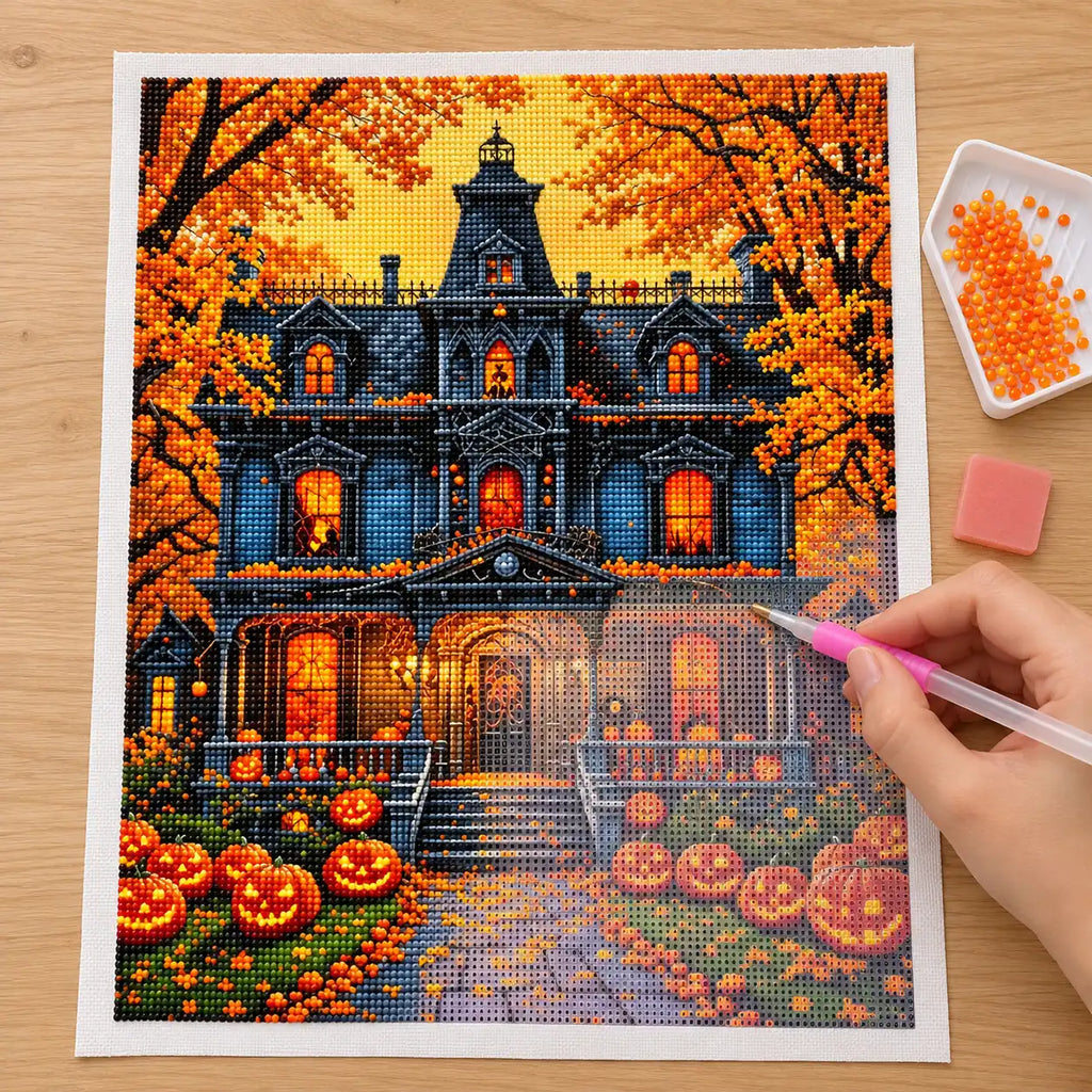 Diamond painting process for pumpkin watch.