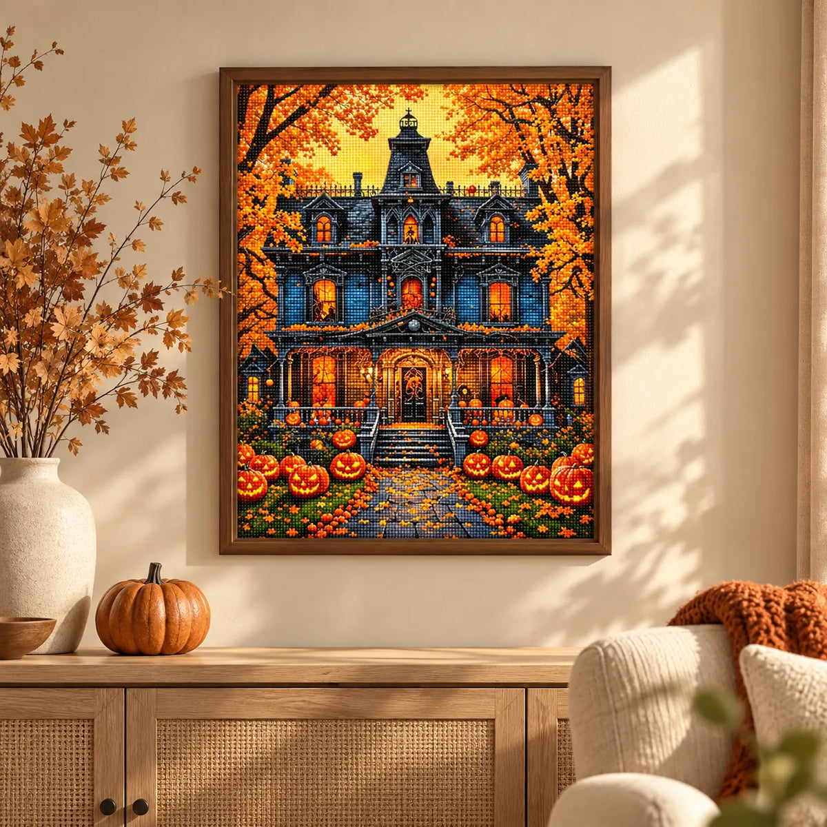 Home decor scene showing pumpkin watch displayed on a wall.