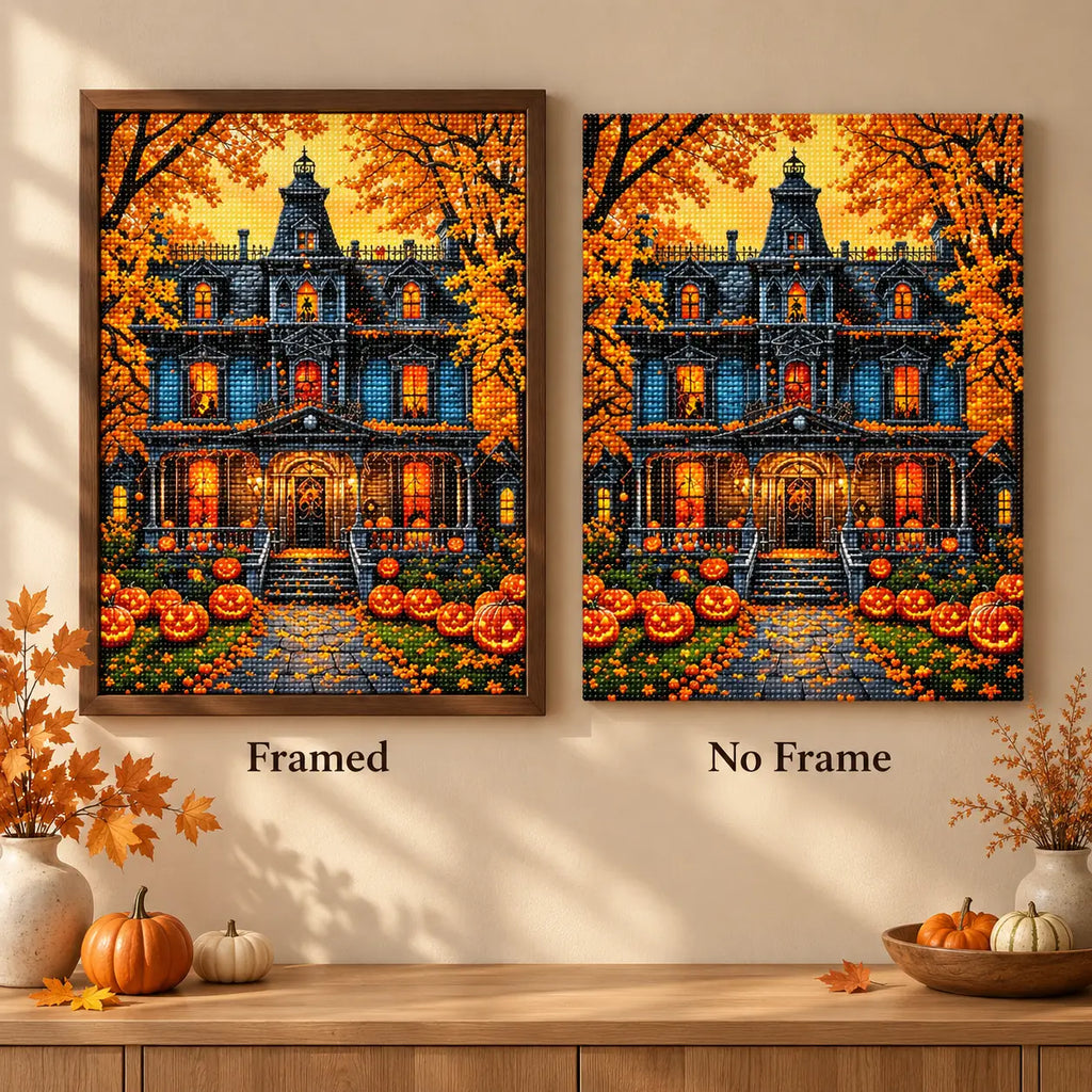 Framed and no-frame comparison for Pumpkin Watch Diamond Painting Kit.