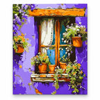 Purple Cottage Window with Flowers paint by numbers artwork on a front-facing canvas against a white background