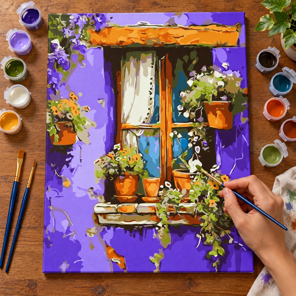 Complete Purple Cottage Window with Flowers numbered canvas being painted with acrylic paints and brushes