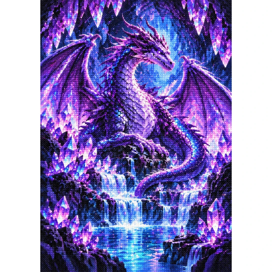 Purple Crystal Dragon Amethyst Cave — finished diamond painting on a white background