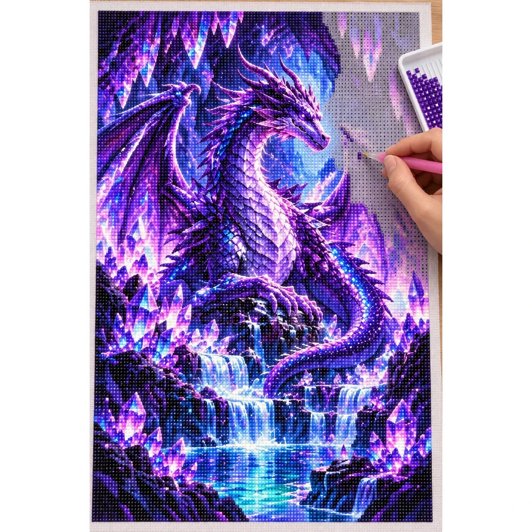 Purple Crystal Dragon Amethyst Cave — diamond painting process with applicator pen