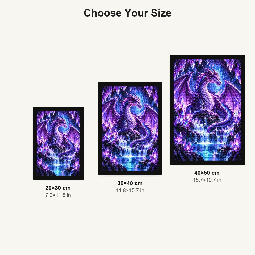 Purple Crystal Dragon Amethyst Cave — size comparison for 20 × 30, 30 × 40 and 40 × 50 cm