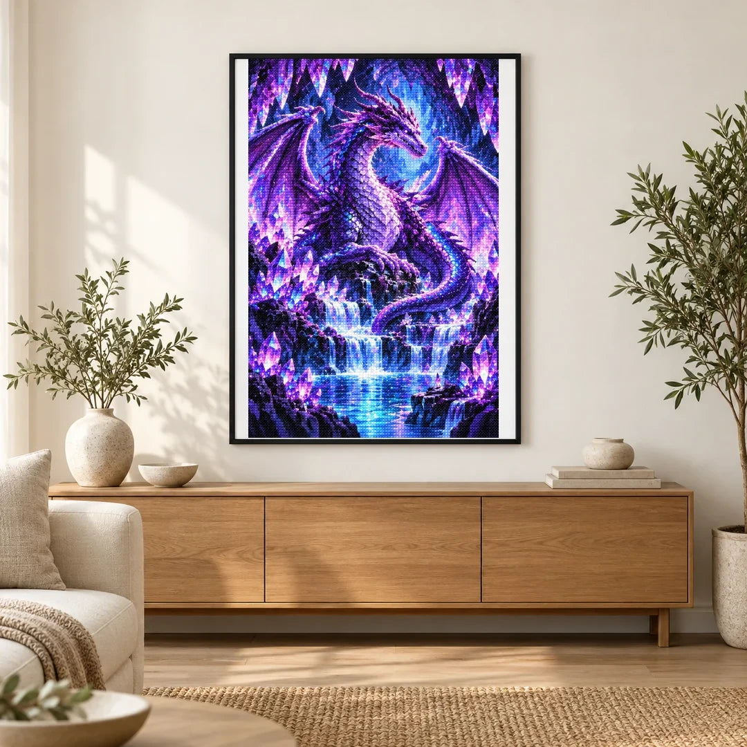 Purple Crystal Dragon Amethyst Cave — finished diamond painting displayed in a home interior
