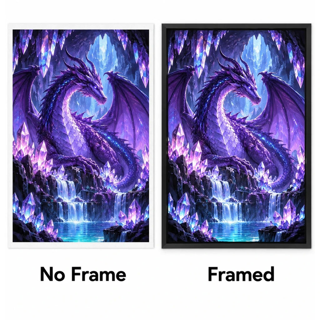 Purple Crystal Dragon Waterfall Diamond Painting Kit No Frame and Framed comparison