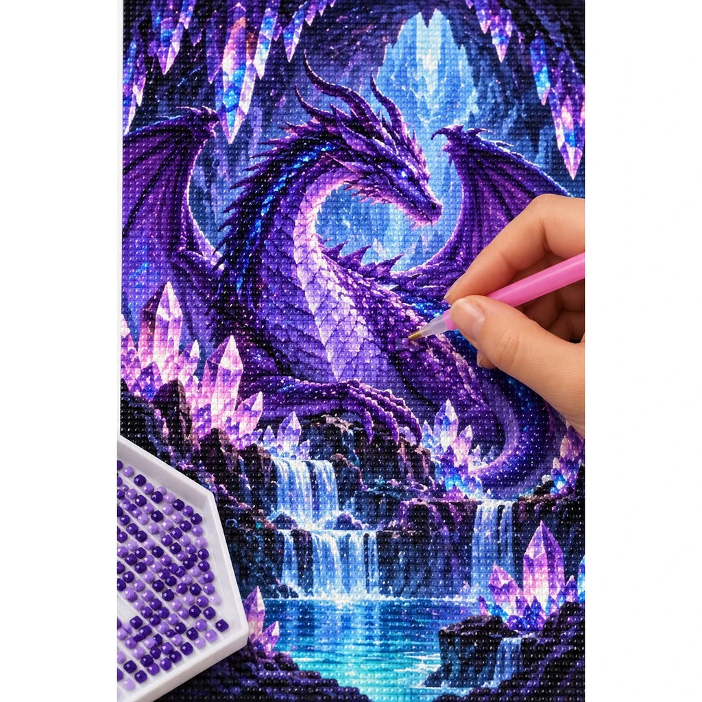 Purple Crystal Dragon Waterfall Diamond Painting Kit diamond placement process