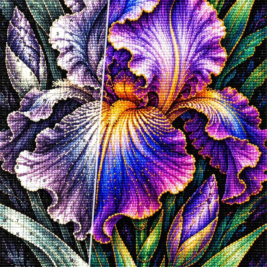 Purple Iris Jewel Bloom Diamond Painting Kit — Diamond and canvas detail