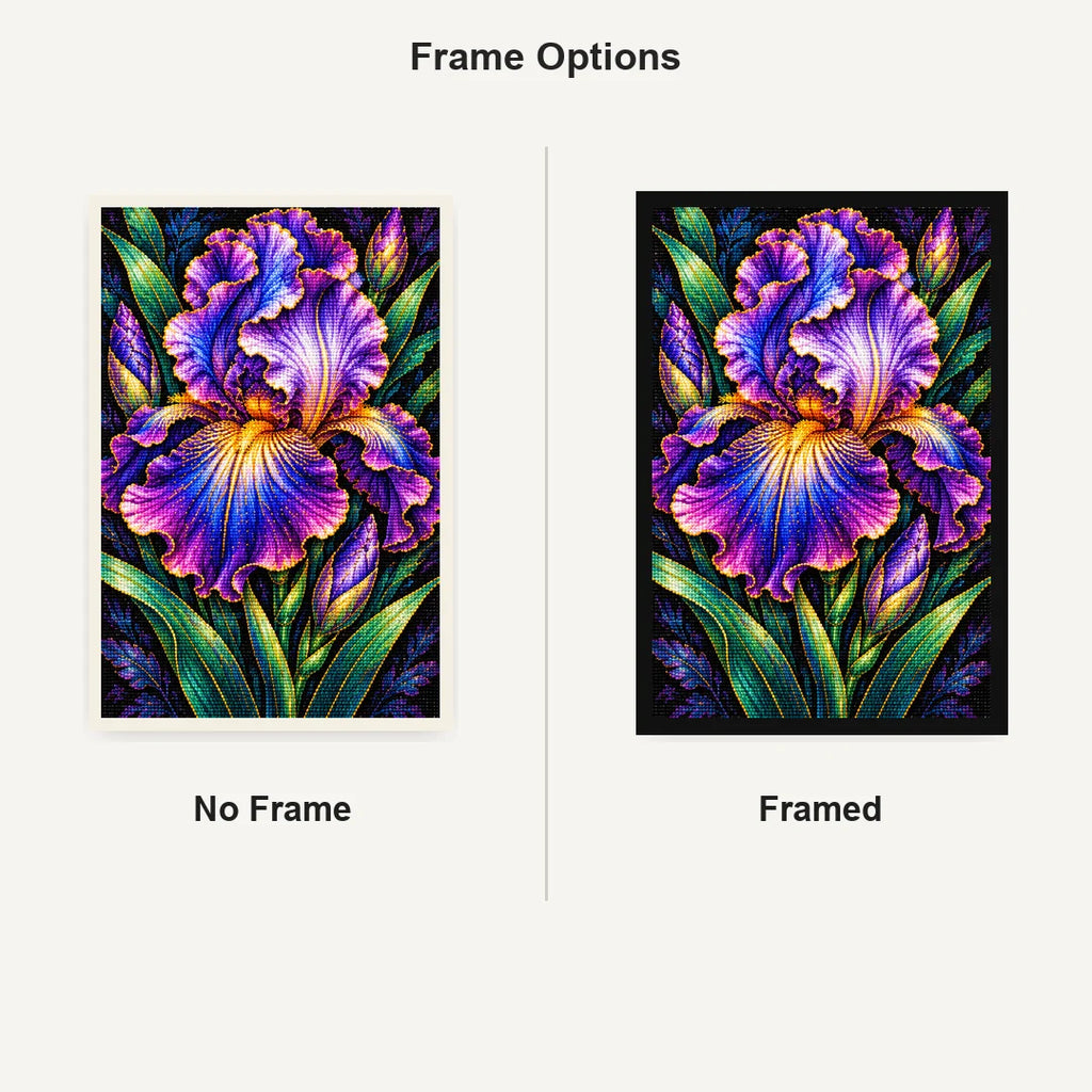 Purple Iris Jewel Bloom Diamond Painting Kit — No Frame and Framed comparison
