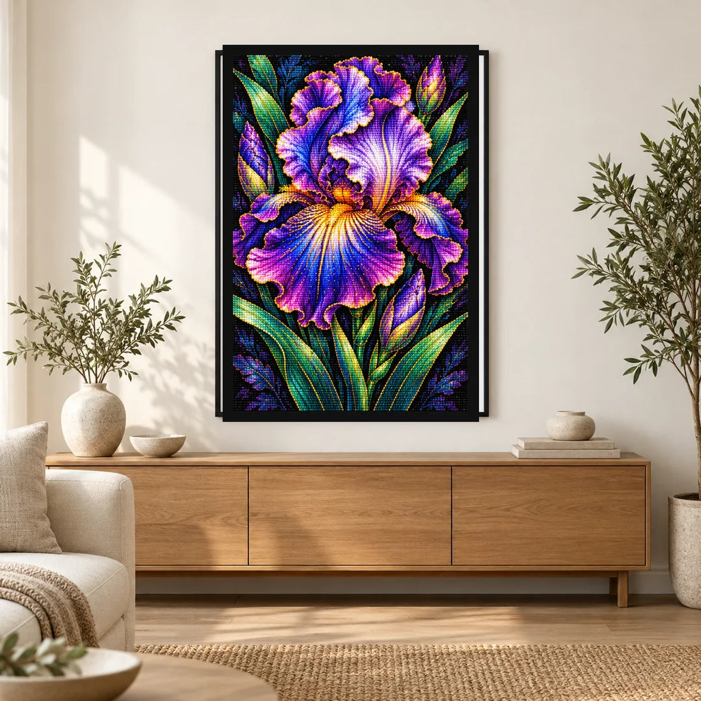 Purple Iris Jewel Bloom Diamond Painting Kit — Home decor scene