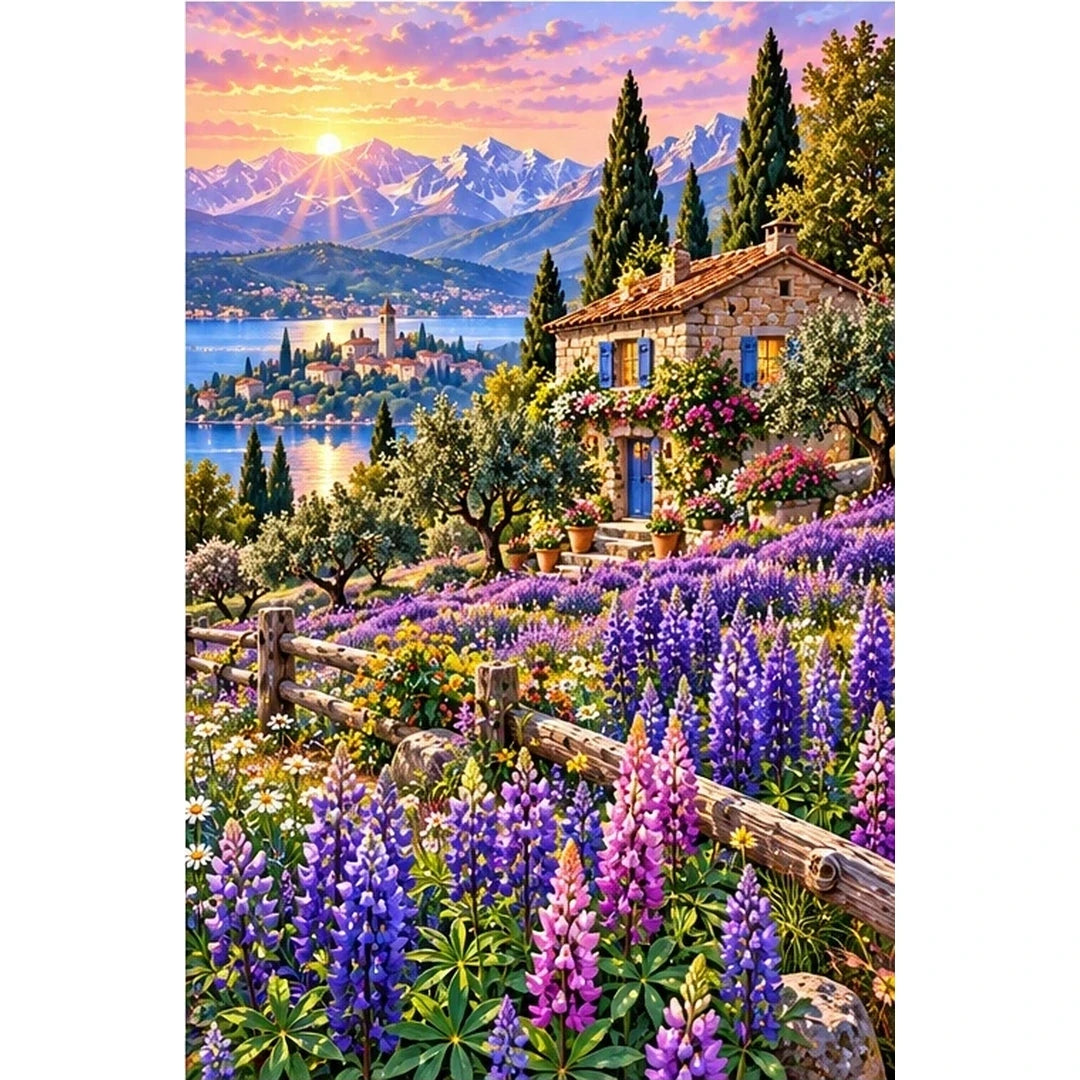 Purple Lupine Mountain Cabin — original artwork on a clean white background