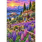 Purple Lupine Mountain Cabin — finished diamond painting on a white background