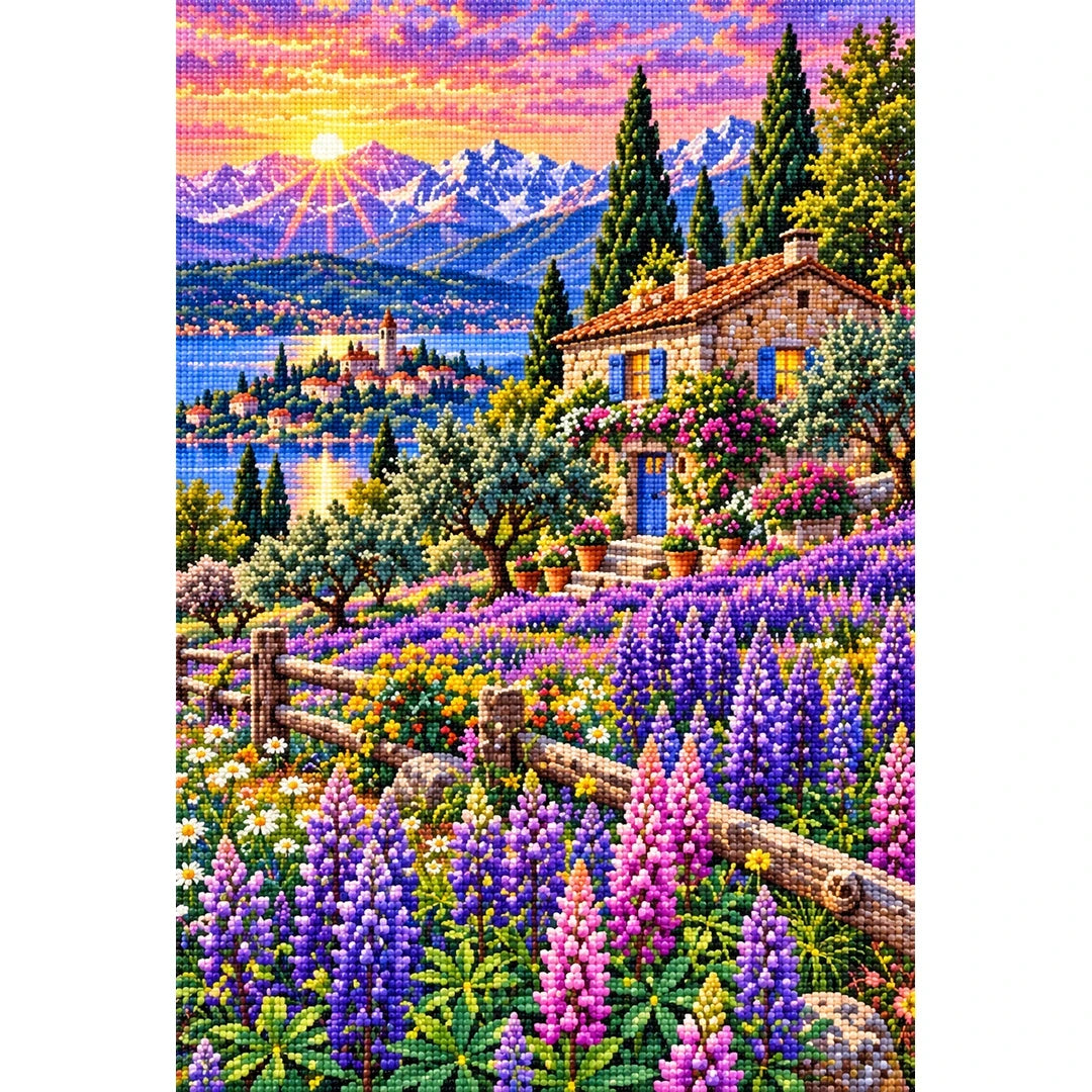 Purple Lupine Mountain Cabin — finished diamond painting on a white background