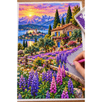 Purple Lupine Mountain Cabin — diamond painting process with applicator pen