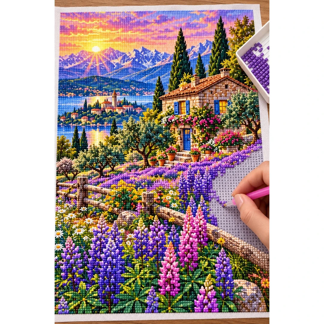 Purple Lupine Mountain Cabin — diamond painting process with applicator pen