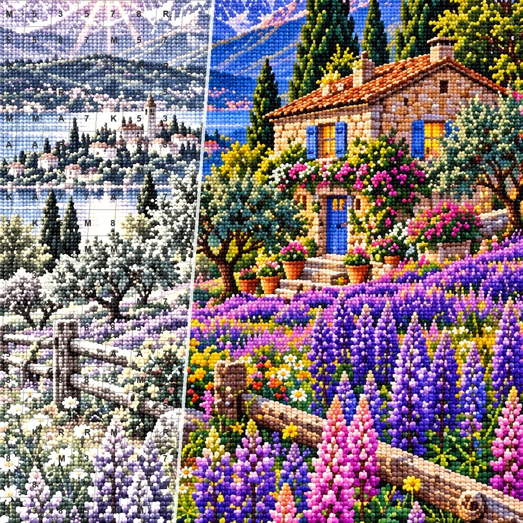Purple Lupine Mountain Cabin — close-up canvas and resin drill detail