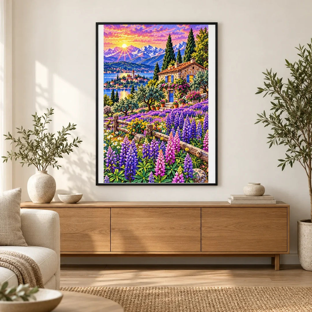 Purple Lupine Mountain Cabin — finished diamond painting displayed in a home interior