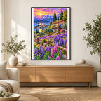 Purple Lupine Mountain Cabin — finished diamond painting displayed in a home interior