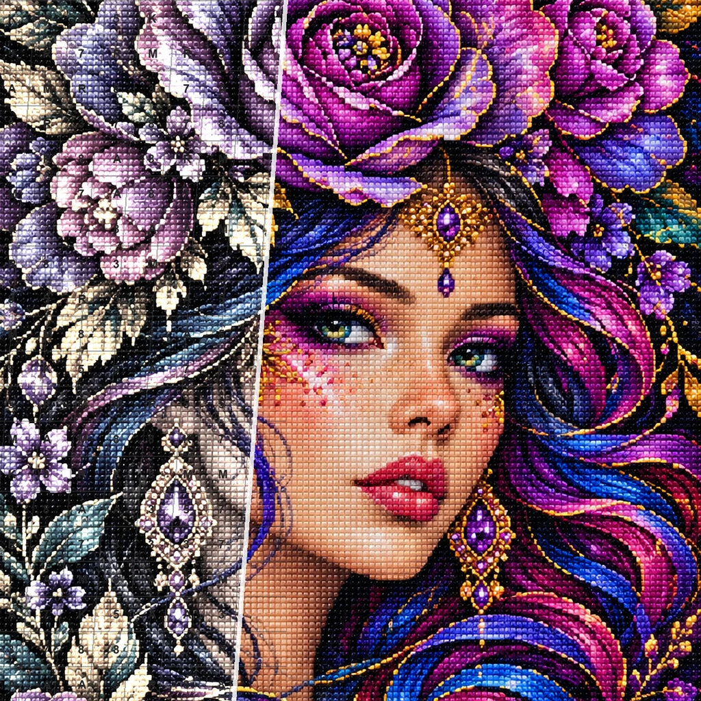 Purple Rose Goddess Diamond Painting Kit — Diamond and canvas detail