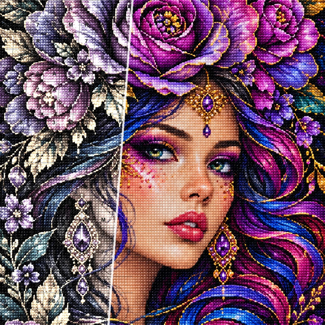 Purple Rose Goddess Diamond Painting Kit — Diamond and canvas detail