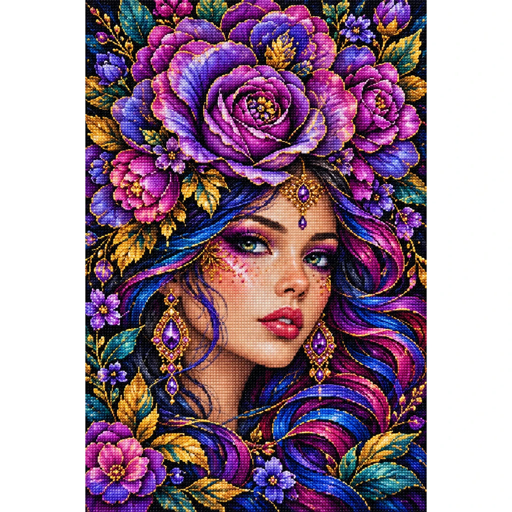 Purple Rose Goddess Diamond Painting Kit — Finished white-background diamond painting