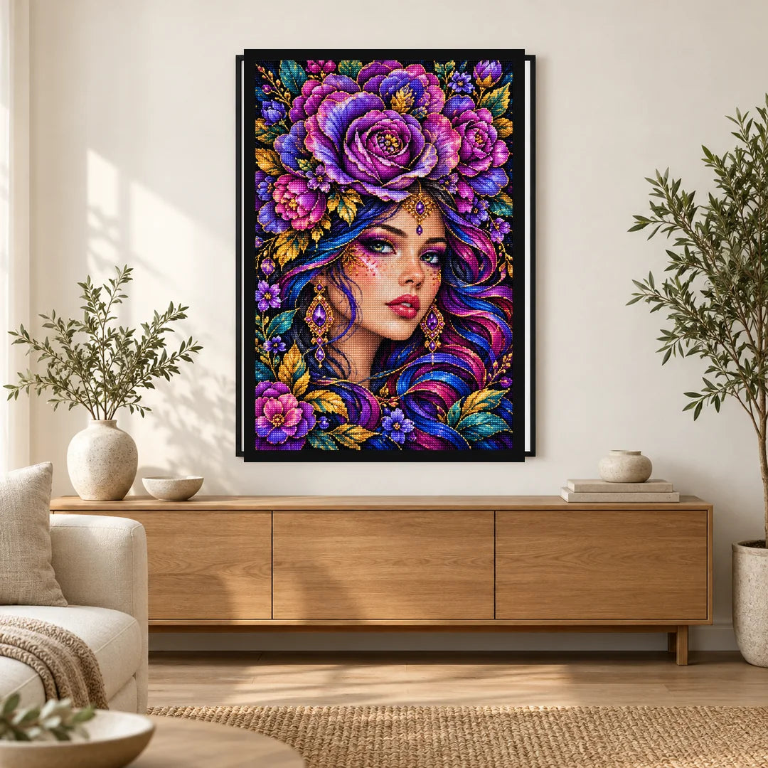 Purple Rose Goddess Diamond Painting Kit — Home decor scene