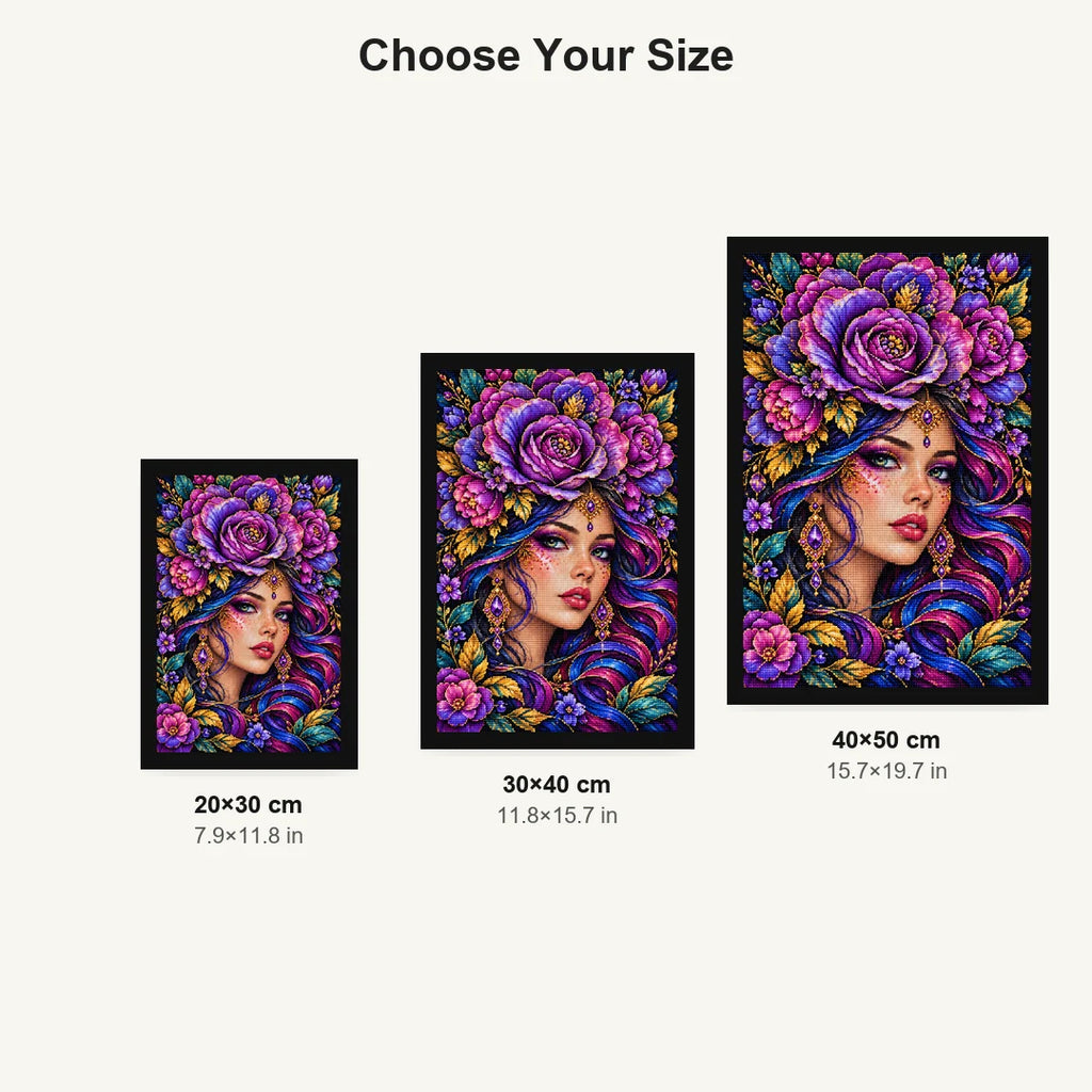 Purple Rose Goddess Diamond Painting Kit — Size guide