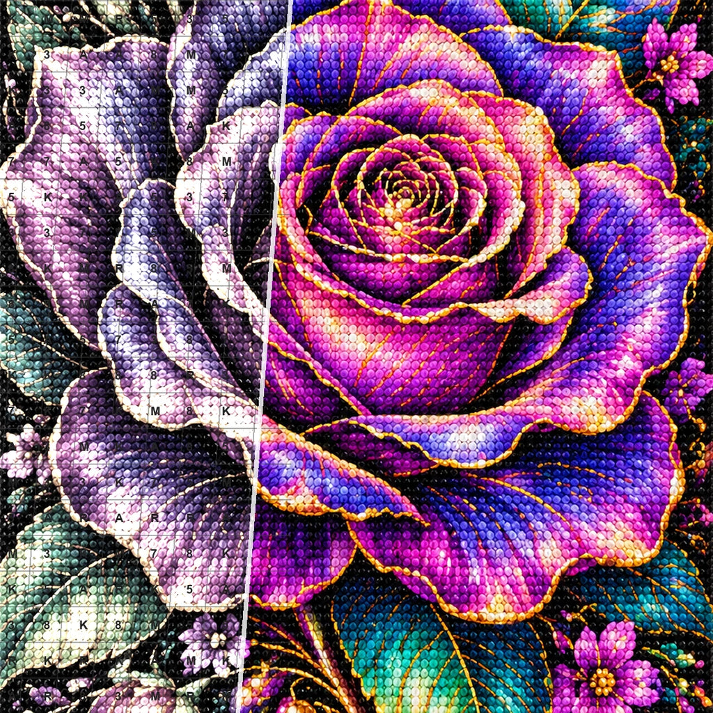 Purple Rose Jewel Bloom Diamond Painting Kit — Diamond and canvas detail