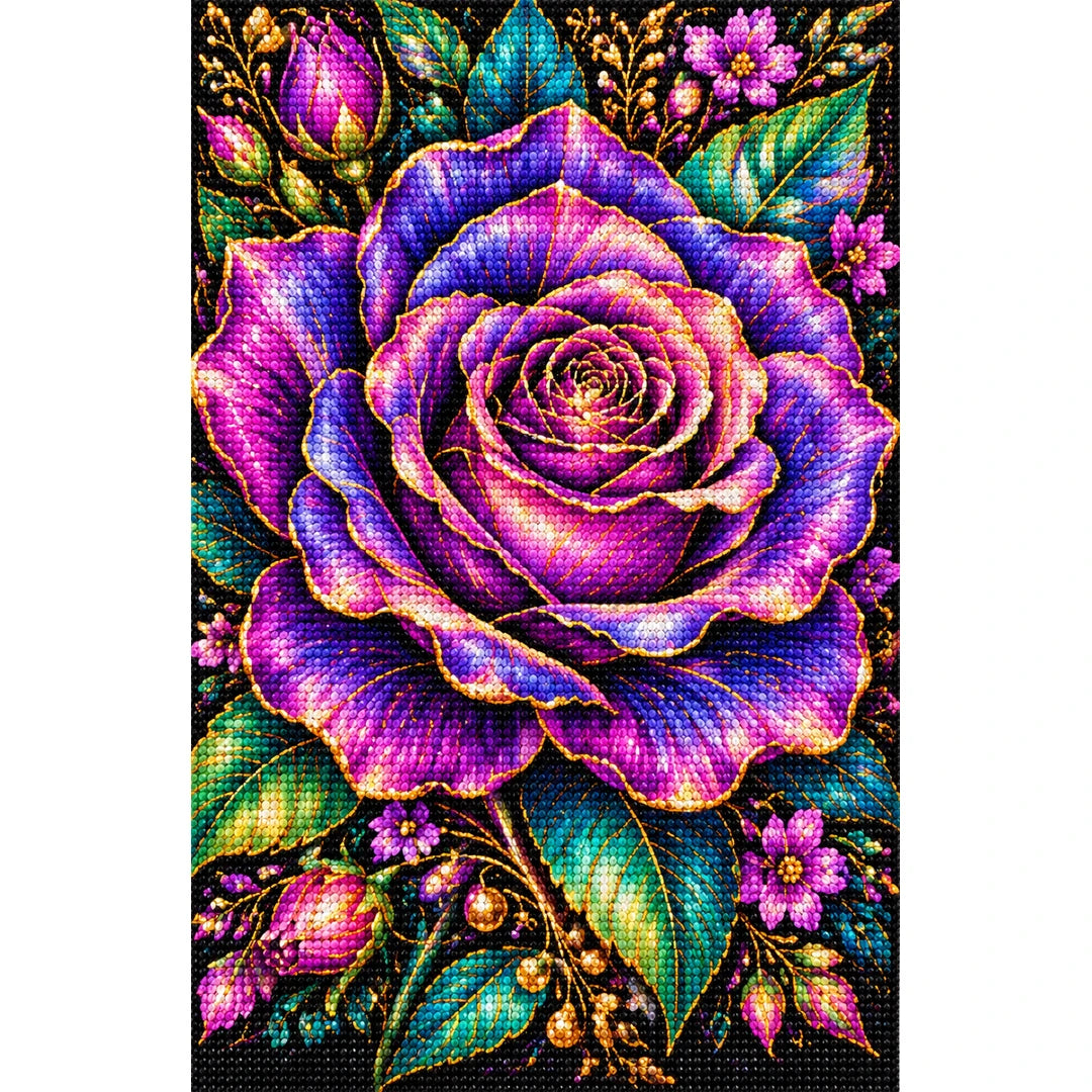 Purple Rose Jewel Bloom Diamond Painting Kit — Finished white-background diamond painting