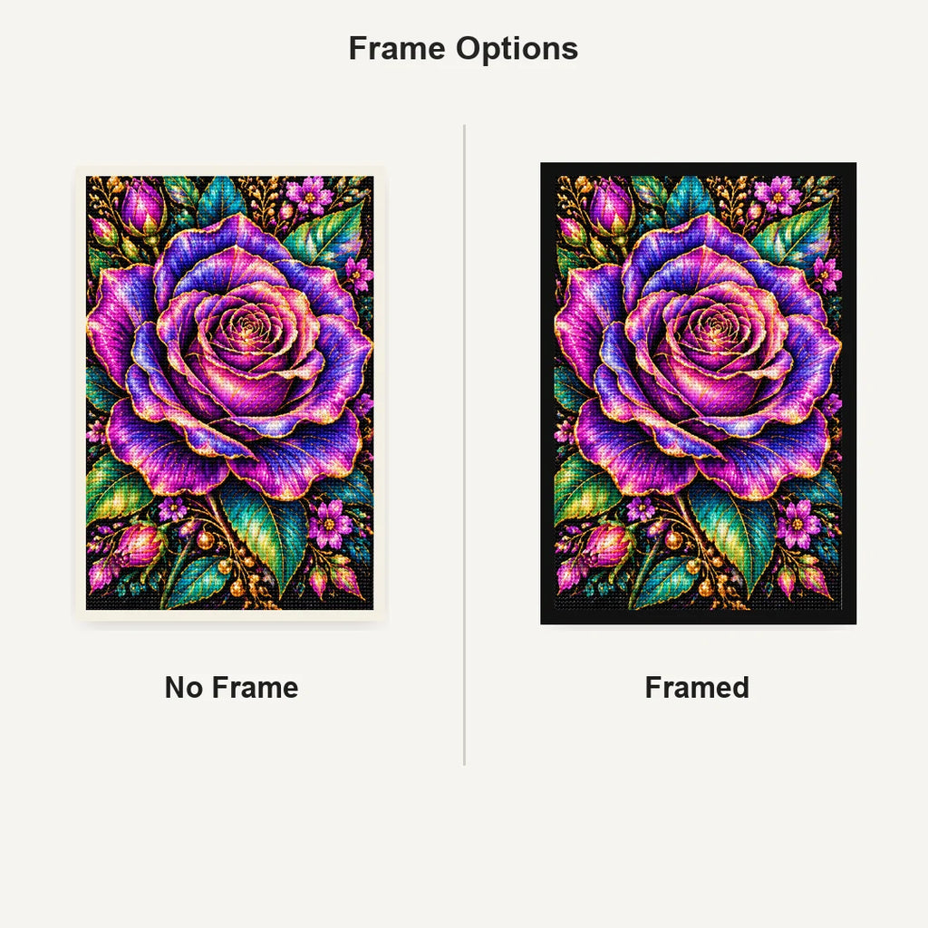 Purple Rose Jewel Bloom Diamond Painting Kit — No Frame and Framed comparison
