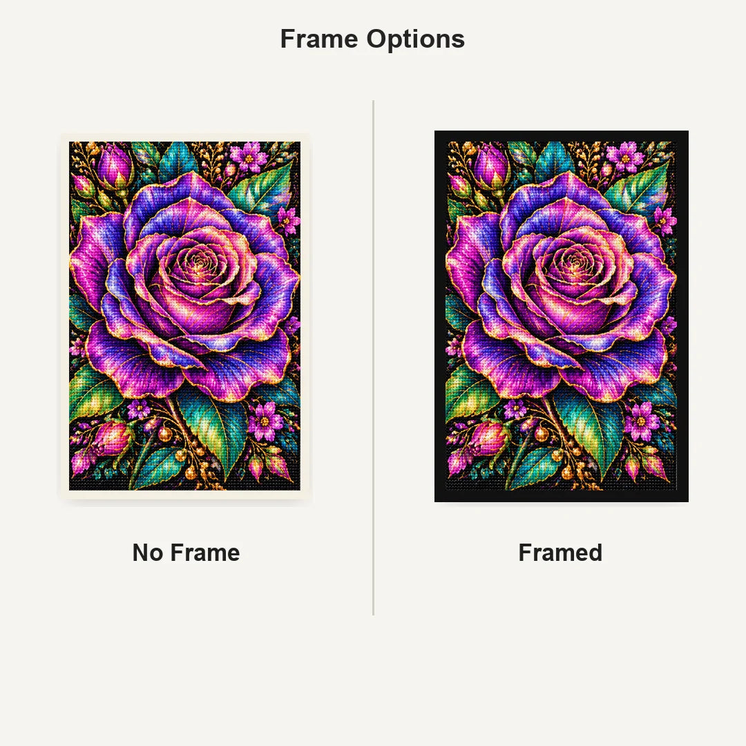 Purple Rose Jewel Bloom Diamond Painting Kit — No Frame and Framed comparison