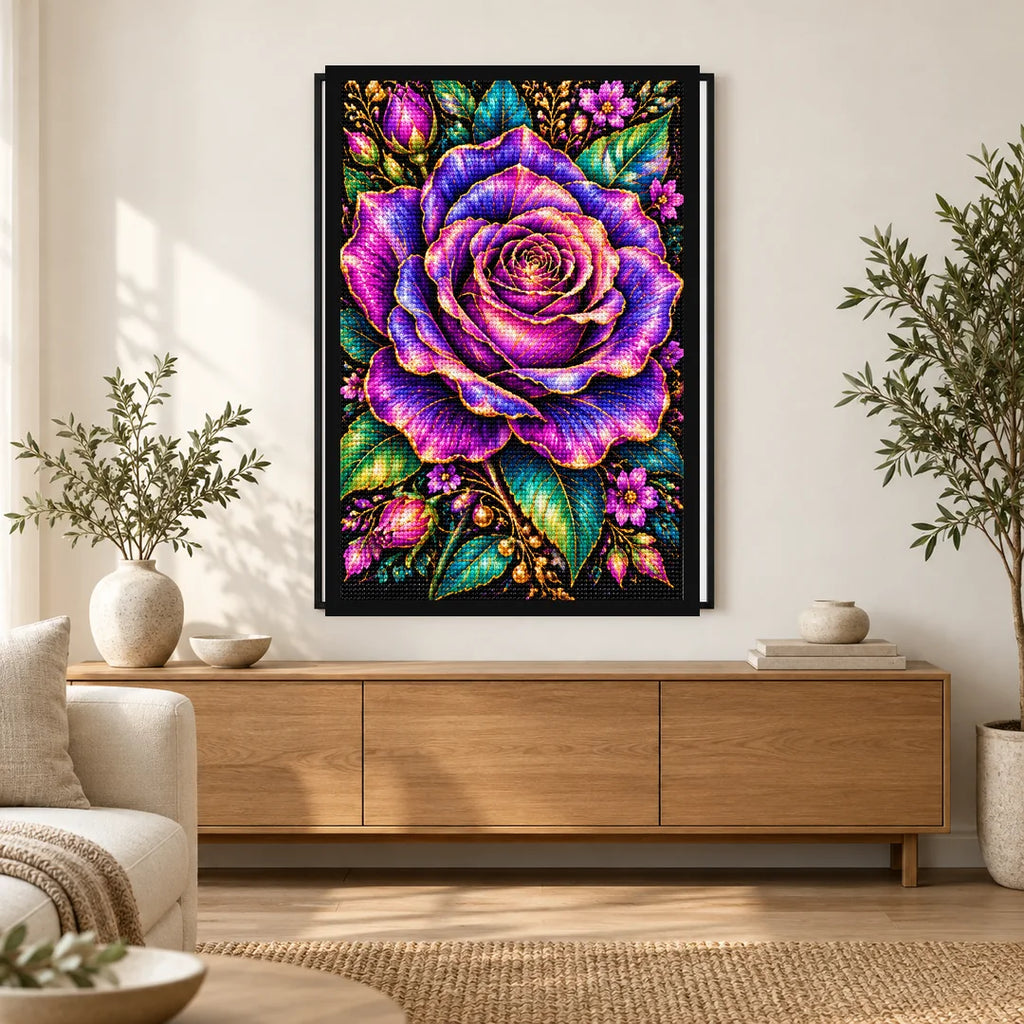Purple Rose Jewel Bloom Diamond Painting Kit — Home decor scene