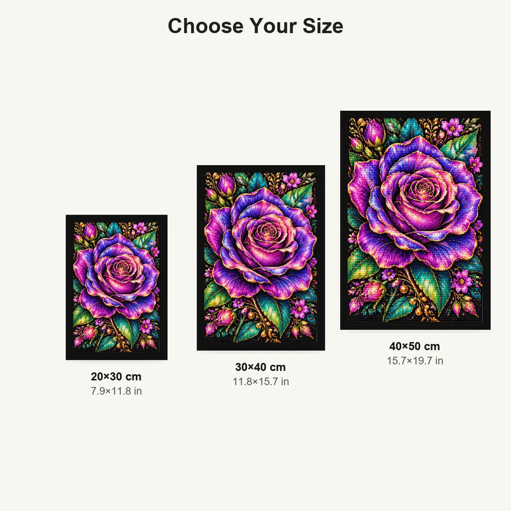 Purple Rose Jewel Bloom Diamond Painting Kit — Size guide