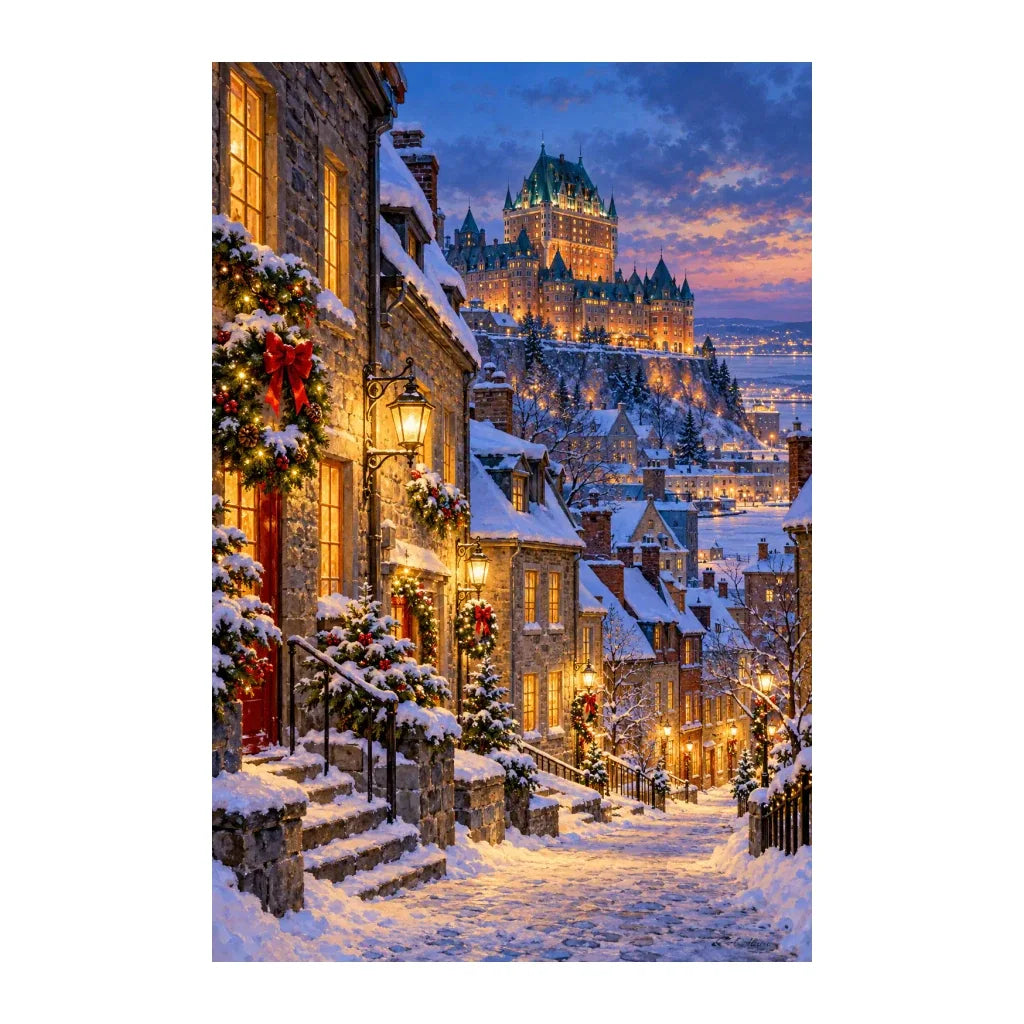 Original Quebec Old Town Winter artwork on a white background.