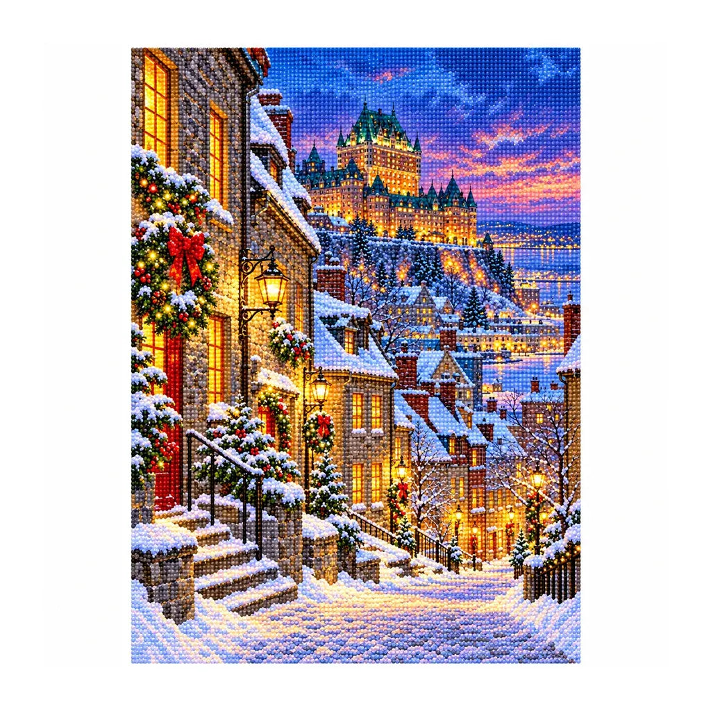 White-background finished diamond painting of Quebec Old Town Winter.