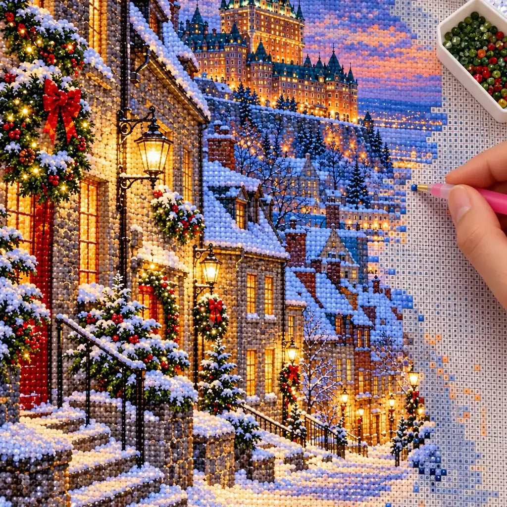 Hands placing diamond drills on the Quebec Old Town Winter design.