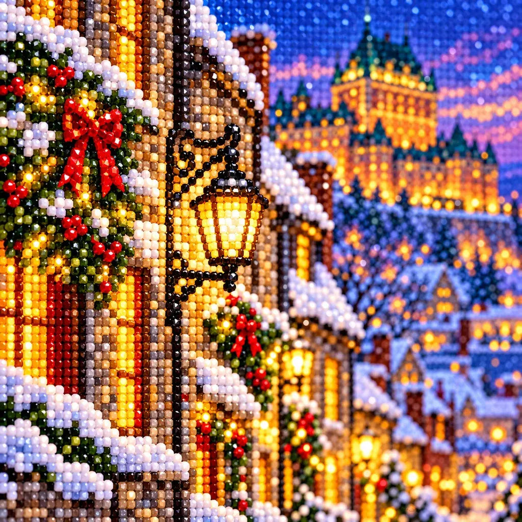 Close-up of drill details in the Quebec Old Town Winter diamond painting.