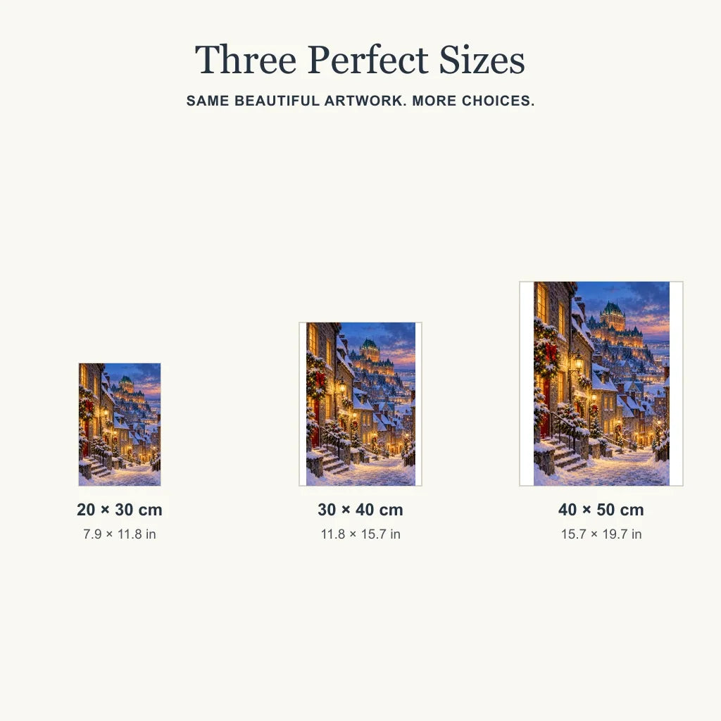 Size guide for Quebec Old Town Winter: 20 × 30, 30 × 40, and 40 × 50 cm.