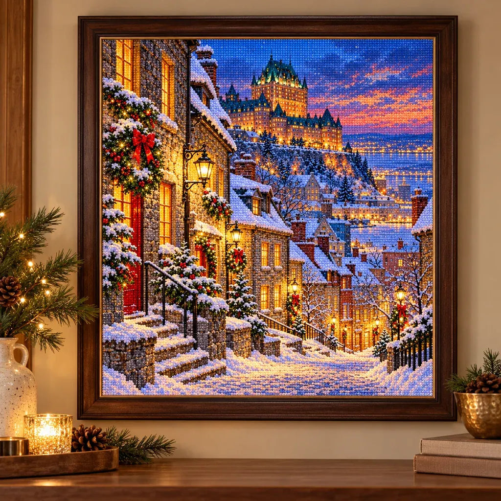 Framed Quebec Old Town Winter diamond painting displayed as home decor.